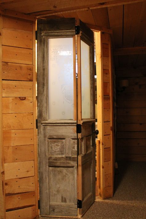 farmhouse door converted to a bifold Farm Doors, Door Diy Projects, Farm Door, Fold Door, Bifold Door, Bi Fold Door, Antique Wardrobe, Build A Frame, Stained Doors