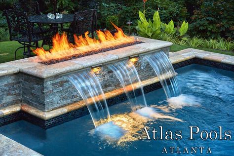 Fire Pool Feature, Fire And Water Pool Features, Pool Waterfall With Fire, In Ground Pool Water Features, Pools With Fire Bowls, Pools With Fountains, Pool With Fire Bowls Water Features, Pools With Fire Features, Pools With Fire Pits