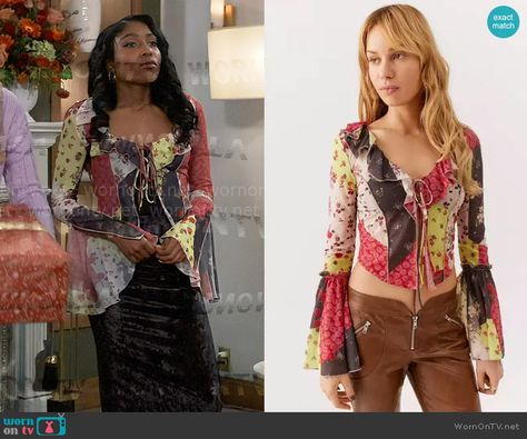 Trina’s patchwork print top on General Hospital. Outfit Details: https://wornontv.net/350156/ Flyaway Top, Urban Outfitters Top, Worn On Tv, Where To Buy Clothes, Hospital Outfit, Twisted Dress, Patchwork Print, Satin Mini Dress, Black Sleeveless Dress