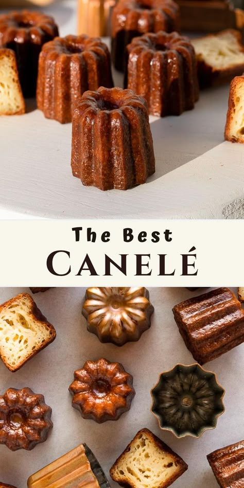 baked caneles on serving board and on baking pan with molds Aesthetic Baking Photos, Baking Aesthetic Girl, Baking Cookies Recipes, Baking Recipes Aesthetic, Canele Recipe, Kitchens Aesthetic, Baked Makeup, Vanilla Custard Filling, Baking Photos