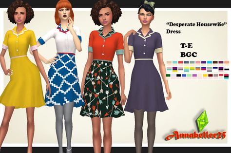 Desperate Housewife Dress - (#ts4_cc) (#ts4_dresses) (#ts4_retro) (#ts4_female) (#ts4_50s) Sims 4 50s, 50s Housewife Dress, Cc Clothing, Housewife Dress, Sims 4 Decades Challenge, Characters Outfits, Sims Ideas, Sims 4 Dresses, Sims 4 Mm