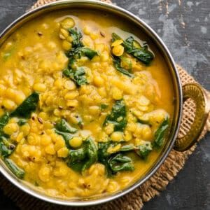 Dal Palak (Lentil and Spinach Curry) Dal Palak Recipe, Indian Lentil Soup, Lentil Spinach, Palak Recipe, Spinach Dal, Cucumber Raita, Yellow Lentils, Spinach Curry, Vegetarian Curry