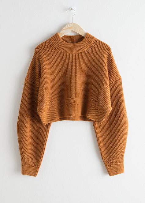 Front image of Stories cropped wool blend sweater in orange Mock Neck Sweater Outfit, Neck Sweater Outfit, Cropped Sweater Outfit, Cropped Wool Sweater, Cropped Knit Sweater, Sweater Outfit, Cute Comfy Outfits, Weekend Outfit, Looks Chic