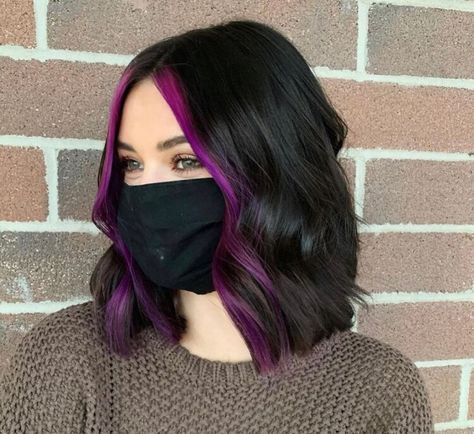 Purple Highlights In Front Of Hair, Peekaboo Hair Color For Tan Skin, Cute Hair Colors For Brunettes Short, Fashion Color Underneath Hair, Black Hair With Colour Underneath, Contrast Highlights Hair Dark, Trendy Dark Hair Color, Long Bob With Peekaboo Color, Black Hair On Top Color Underneath