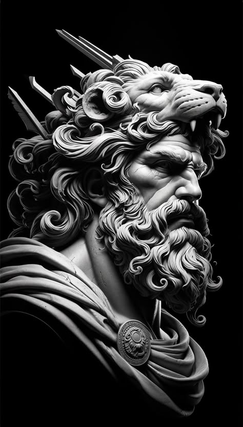 Greek Mythology Perseus, Hercules Statue Tattoo, Greek God Concept Art, Greek Masculinity, Roman Gods Tattoo, Perseus Tattoo Design, Hercules Tattoo Design, Greek Sculpture Tattoo, Hercules Design