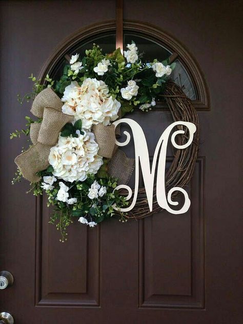 Selling Wreaths, Cream Hydrangea, Hydrangea Leaves, Over The Door Hanger, Initial Wreath, Script Alphabet, Deco Wreaths, Hydrangea Wreath, Year Round Wreath