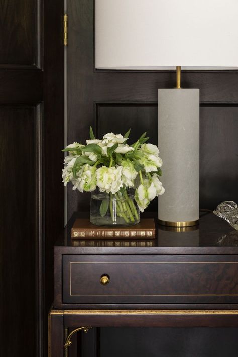 French Nightstand, Marie Flanigan Interiors, Marie Flanigan, Brown French, Alabaster Lamp, Brass Knobs, Elegant Homes, New Classic, House Inspo