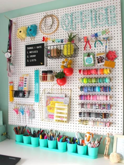 Colorful Pegboard Wall Pegboard Craft Room, Pegboard Storage, Pegboard Organization, Kids Craft Room, Dream Craft Room, Craft Room Design, Craft Space, Diy Craft Room, Craft Room Decor