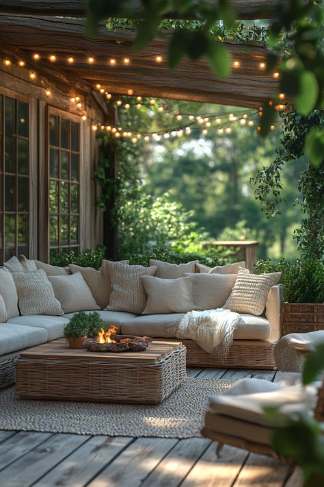 interior design Cottage Outdoor Seating, Porch Lounge Ideas, Cosy Outdoor Seating Area, Outdoor Relaxing Area, Outdoor Sitting Area Ideas, Cozy Backyard Ideas, Dreamy Patio, Country Backyard, Country Backyards