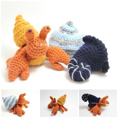 Crocheted Stuffed Animals, Crochet Sea Creatures, Crochet Fish, Haken Baby, Hermit Crab, Shell Pattern, Sea Animals, Crochet Dolls, Crochet Animals