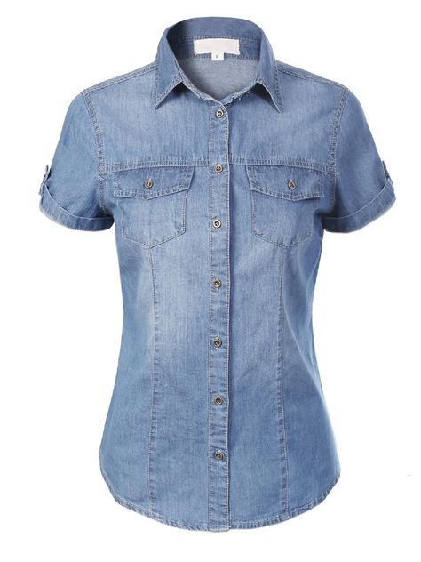 Made by Olivia Women's Cap Sleeve Button Down Denim Chambray Shirt - Walmart.com Chambray Denim Shirt, Chic Over 50, Button Up Shirt Womens, Long Sleeve Denim Shirt, Women's Button Down Shirt, Roll Up Sleeves, Chambray Shirt, Small Chest, Caps For Women