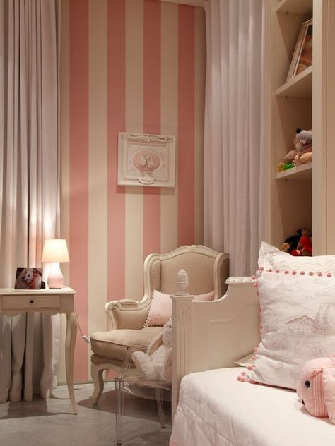 Pink And White Striped Walls, Striped Walls Bedroom, Pink Striped Walls, Striped Bedroom, Striped Nursery, Striped Room, Striped Walls, Girls Rooms, Striped Wallpaper