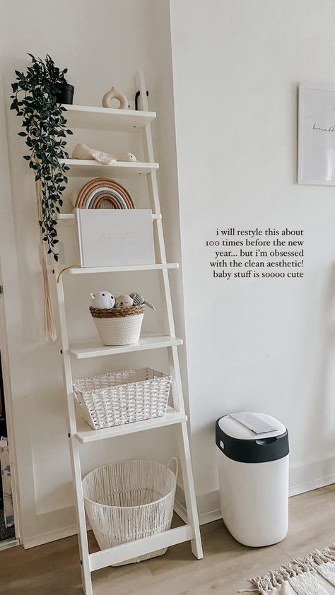 Nursery Ladder Shelf, Leaning Shelf Nursery, Nursery Blanket Display, Ladder Shelf For Nursery, Blanket Ladder Nursery, Ladder Basket Shelf, Corner Shelving Ideas, White Ladder Shelf, Shelf With Baskets