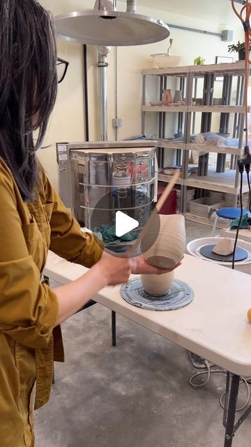 YUNOMI Pottery Studio on Instagram: "Focus, aim, and hit it!  Giving the pot a Zen whack.  The base form thrown and altered by @kadams965.  We decided to give it some bold marks!  #yunomipotterystudio #durangoart #durangocolorado #PotteryCommunity #PotteryStudio #creativeprocess  #ClayArtists #CreativeCeramics #PotteryWorkshop #LocalArtists #CommunityArt #HandmadeInOurStudio #CraftingTogether #ArtisticCommunity" Altered Pottery Bowls, Pottery Altered Forms, Closed Form Pottery, Thrown And Altered Pottery, Deformed Pottery, Altered Wheel Thrown Pottery, Durango Colorado, Pottery Workshop, Pottery Studio