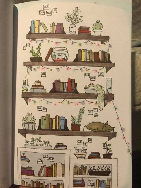 Bookshelf Aesthetic Drawing, Book Shelves Drawing, Cute Bookshelf Drawing, Aesthetic Bookshelf Drawing, Bookshelves Art Drawing, Bookshelf Sketch Drawing, Bookshelf Drawing Easy, Drawing Of Bookshelf, Shelves Drawing