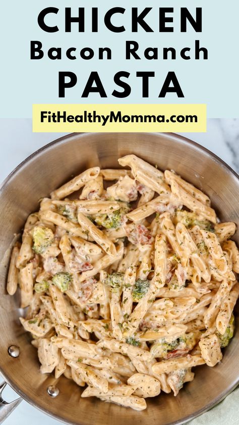 Registered dietitian Chelsea Rice created her version of a healthy chicken bacon ranch pasta recipe that's high in protein and low in calories! #healthyrecipes Macro Friendly Rice Recipes, Healthy High Protein Pasta Dishes, Easy Lean Protein Meals, High Carb Pasta Recipes, Healthy Protein Snacks Fitness, Chicken And Rice Protein Meals, Chicken Bacon Ranch Meal Prep, Macro Friendly Chicken Pasta, High Protein Meals With Rotisserie Chicken