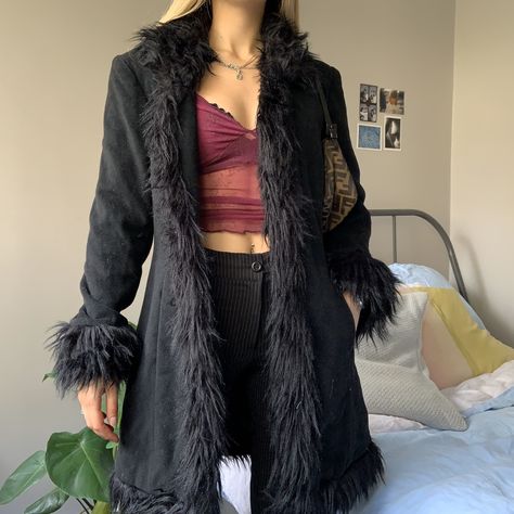 Patch Pants, Thrift Inspo, Penny Lane Coat, Vintage Thrift, Vintage Afghan, Penny Lane, Coat Outfits, Black Faux Fur, Looks Style