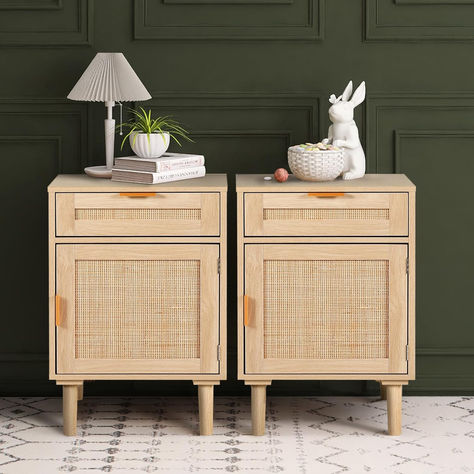 STHOUYN Nightstand Set of 2 with Drawers, Boho Night Stands Set of 2, Bed Side Tables Bedroom Set of 2, Oak Rattan Nightstand End Tables Small Space (Natural Rattan) Boho Nightstand, Bed Side Tables, Rattan Bedroom, Rattan Nightstand, Nightstand Set, Drawers Bedroom, Nightstand Set Of 2, Side Tables Bedroom, Night Stands