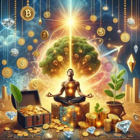 Dive into the vibrant image of wealth manifestation, featuring a meditating figure enveloped in symbols of abundance - gold, diamonds, thriving flora, under the rising sun. Learn how to visualize success here: [link] 

#WealthManifestation #Affirmation #LawOfAttraction #Meditation #Abundance #Prosperity Visualize Success, Abundance Images, Amon Ra, How To Visualize, Hindu Worship, Nature Symbols, Vision Board Book, Good Morning Beautiful Gif, Wealth Manifestation