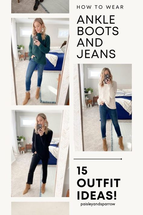 How to wear ankle boots and jeans: 15 amazing fall and winter outfit ideas to wear with booties! Brown Bootie Outfits Winter, What To Wear With Beige Boots, Tan Ankle Boots Outfit Fall, Outfits With Tan Boots Ankle, Outfits With Taupe Ankle Boots, Fall 2023 Boots Outfit, How To Style Tan Boots, Brown Booties Outfit Winter, Winter Ankle Boots Outfit