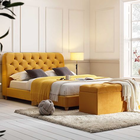 Mustard Bed Frame, Yellow Bed, Mustard Bedding, Turmeric Yellow, Yellow Furniture, Folding Dining Chairs, Ottoman Storage Bed, Yellow Bedding, Superking Bed