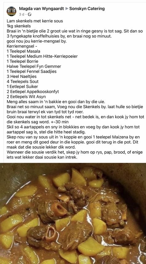 Prutpot Resepte, Vleis Resepte, Vleis Geregte, Lamb Stew Recipes, African Cooking, Easy Homemade Pizza, Lamb Dishes, Easy Meat Recipes, Veg Dishes