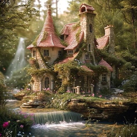 Cottage Fantasy House, Fairy House Exterior, Fantasy Homes Exterior, Sleeping Beauty House, Fairytale House Aesthetic, Fantasy House Exterior, Whimsical House Exterior, Fairy House Aesthetic, Neutral Green Color Palette