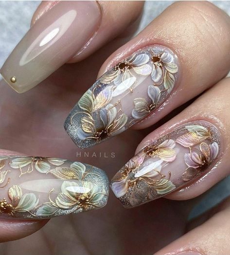 Blue Japanese Nail Art, Fae Inspired Nails, Art Nouveau Nails, Ornamental Nails, Japan Inspired Nails, Rococo Nails, Victorian Nails, Antique Nails, Henna Nail Art