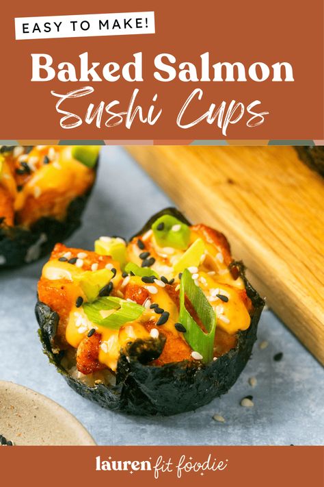 Enjoying sushi at home has never been easier than with these Baked Salmon Sushi Cups! These bite-sized cups are easy to make, even easier to eat and full of so much flavor! Salmon Sushi Cups, Baked Salmon Sushi, Instant Pot Sushi Rice, Sushi Cups, Spicy Salmon Sushi, Nori Sheets, Salmon Sushi Rolls, Sushi Bake, Sushi Roll Recipes