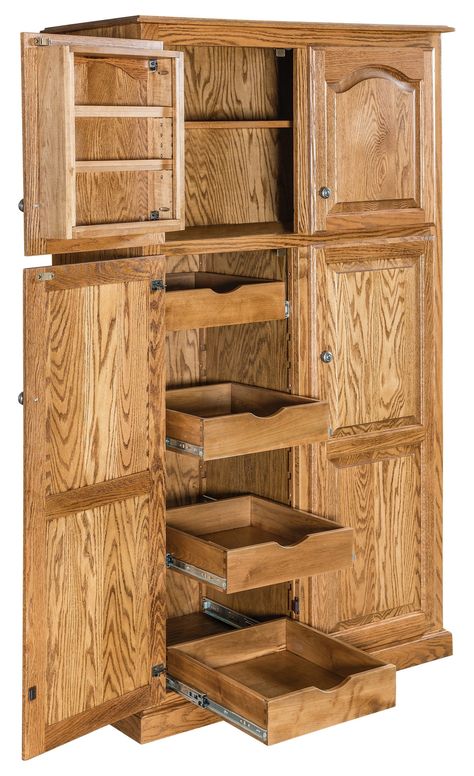 The pantry has a spice rack, adjustable shelves, and roll-out drawers. The Traditional 4-Door Pantry Cabinet is made with solid wood. Select wood type, finish, and hardware today at DutchCrafters Amish furniture store. The Amish Lux Traditional 4-Door Pantry Cabinet offers a special cabinetry collection to enhance your kitchen collection.  Store food, dishes, linens, and cookbooks with this Amish pantry that can be customized to reflect your style.  	Amish Spicy Lux Traditional 4-Door Pantry Cabinet   	Honeyville Collection  	Do you envision your kitchen with additional storage and custom cabinetry? Consider our Amish Lux Traditional 4-Door Pantry Cabinet.  	The Look with Options  	The Amish Lux Traditional 4-Door Pantry Cabinet is made with solid hardwood, comes in two functional sty Corner Pantry Shelves, Traditional Pantry, Wood Pantry Cabinet, Pantry Dimensions, Pantry Cabinet Free Standing, Pantry Space, Beautiful Pantry, Diy Cabinet Doors, Kitchen 2021