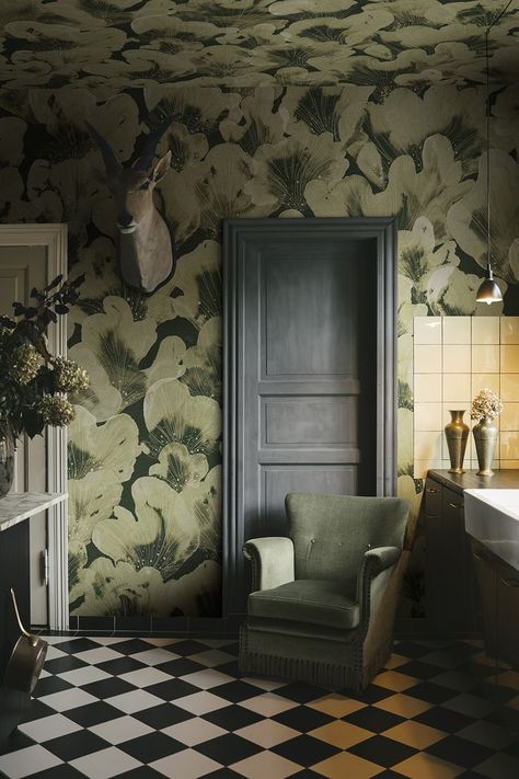 Explore the latest trends in interior design focusing on artistic walls that redefine modern spaces. Wallpapered Entryway, Velvet Wallpaper, Custom Wall Murals, Bold Wallpaper, Inspirational Wallpapers, Bathroom Wallpaper, Room Wallpaper, Green Wallpaper, Modern Spaces