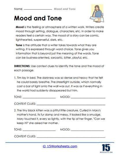 Tone And Mood Worksheet, Tone And Mood Anchor Chart, Teaching Mood And Tone Middle School, Choice Theory Worksheets, Tone And Mood, Context Clues Worksheets, Found Poem, Poetry Worksheets, Sensory Language