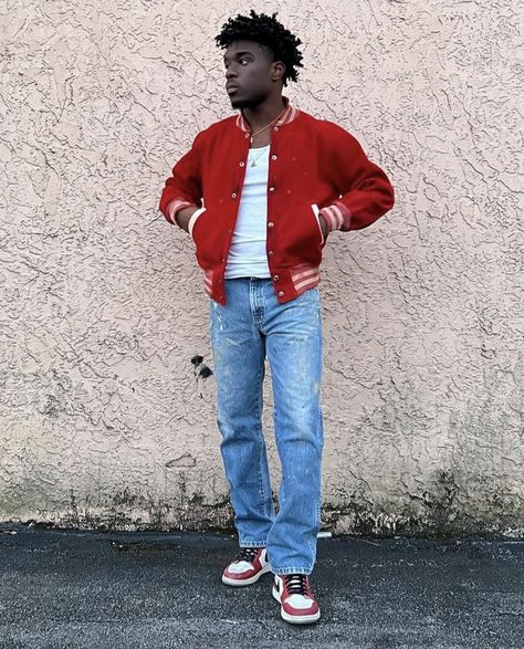 Black mens retro outfit Tank Top And Jacket Outfits Men, Off White Chicago 1s Outfit, Red Letterman Jacket Outfit, Letterman Jacket Outfit Men, Chicago 1s Outfit Men, Red Air Jordans Outfit Men, Red Chicago Jordans Outfit, Red Jordans Outfit Men, Red Jordan 1 Outfit Men