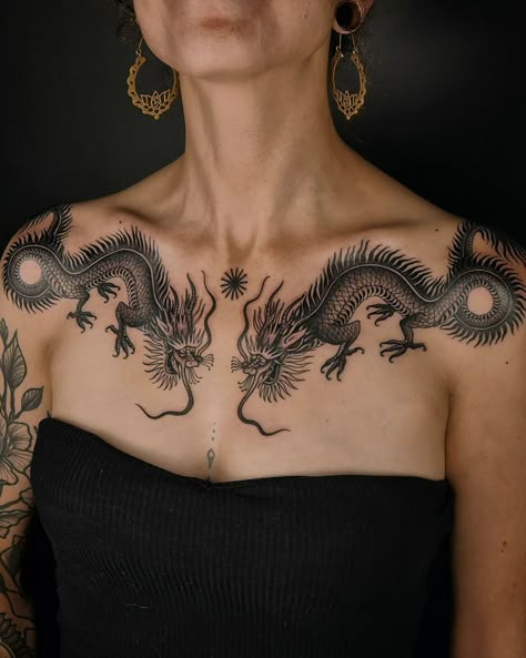 Mens Chest Shoulder Tattoo, Blacked Out Chest Tattoo, Chest To Neck Tattoo Female, Arm To Chest Tattoo, Decorative Chest Tattoo, Collarbone Chest Tattoo, Gemini Chest Tattoo, Chest Woman Tattoo, Symmetric Chest Tattoo