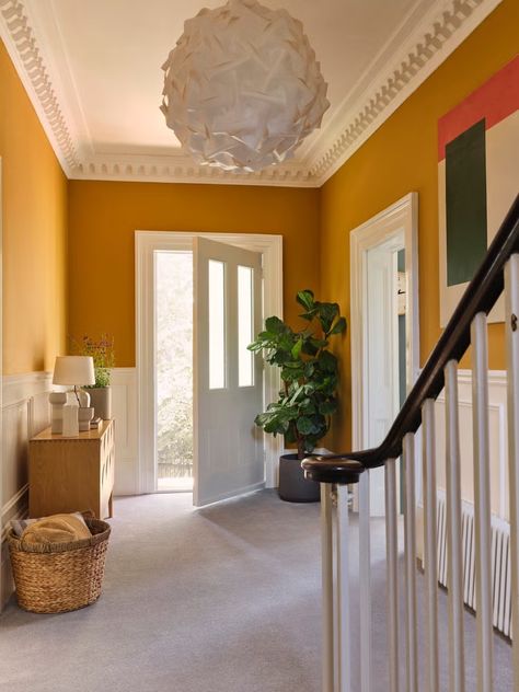 Dado Rail Hallway, Yellow Hallway, Bottom Of Stairs, Hallway Decor Ideas, Mustard Yellow Walls, Hall Colour, Hallway Colours, Wainscoting Panels, Edwardian House