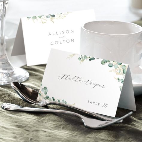 Rustic eucalyptus greenery boho wedding Place Card Garden Wedding Fall, Place Cards Watercolor, Rustic Wedding Spring, Greenery Boho Wedding, Boho Country Wedding, Wedding Pampas, Wedding Table Number Cards, Wedding Place Card, Eucalyptus Greenery