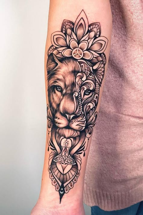 37 Extraordinary Lion Tattoo Designs Mandala Lion Tattoo, Female Lion Tattoo, Mandela Tattoo, Lioness Tattoo, Lion Head Tattoos, Lion Tattoo Design, Forearm Tattoo Design, Muster Tattoos, Forearm Tattoo Women