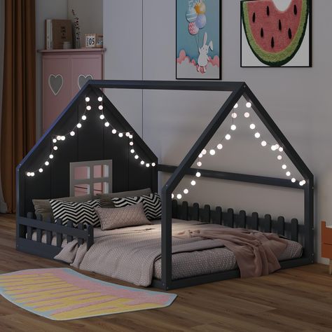 PRICES MAY VARY. 🥇🥇 【Montessori Bed Full Size: Playhouse Design】Add an amusing touch to your kid’s bedroom with this Full size montessori bed frame. Featuring a house shape headboard and a cute window,fenced side rails for a fun bedroom environment that your child will love. This kids house tent bed can be harmoniously matched with a variety of furniture in your home. 🥇🥇 【House Floor Bed with High Fence and Door】The safety of this twin size house floor bed is certified by Children's Product House Toddler Bed Boy, Floor Bed Queen Size, Kid House Bed, Floor Bed For Twins, Montessori Bed Decoration, Montessori Floor Bed Toddler, Montessori Bed Boy, Toddler Floor Bed Girl, Child’s Bedroom