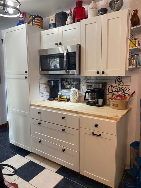 Coffee Bar Pantry Cabinet, Microwave And Coffee Station, Coffee Bar With Microwave, Pantry Update, Coffee Bar Area, Kitchen Pics, Coffee Bar Ideas Kitchen Counter, Microwave Breakfast, Microwave Cabinet