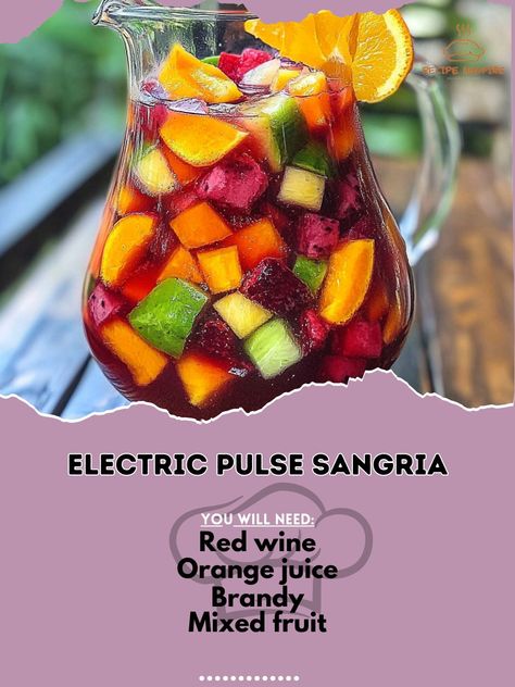 ⚡🍷 Electrify your taste buds with Electric Pulse Sangria—a vibrant and refreshing mix that’s perfect for any celebration! 🌟🍇 #ElectricPulseSangria #VibrantSangria Electric Pulse Sangria Ingredients: Red wine (750 ml) Orange juice (1/2 cup) Brandy (1/4 cup) Mixed fruit (1 cup) Soda water (1 cup) Ice (as needed) Instructions: Combine red wine, orange juice, and brandy in a pitcher. Add mixed fruit and chill. Top with soda water before serving. ⚡🍷 Electric Pulse Sangria is a dazzling choice ...