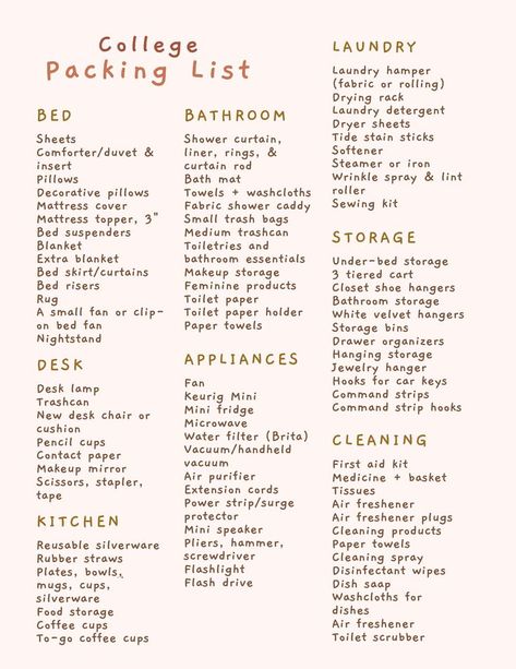 Dorm Room List, College Dorm List, Dorm Packing, Dorm Room Checklist, College Dorm Checklist, College Dorm Inspo, Dorm Room Layouts, College Packing List, College Dorm Room Inspiration