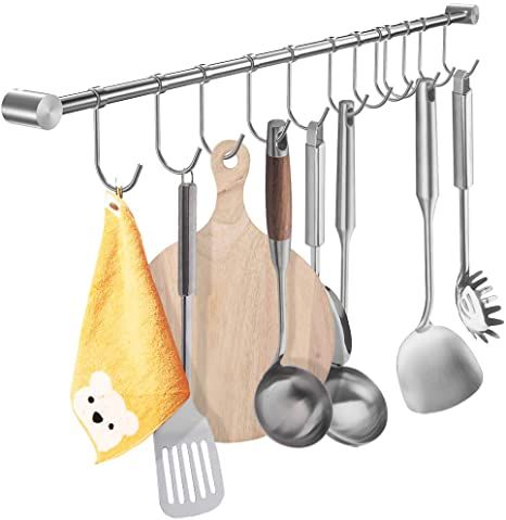 YIHAIXINGWEI Utensil Racks, 22Inch Kitchen hanger 304 Stainless Steel Wall Hanging Rail Rod Wall Mount Pot Rack Pans Flatware Storage Organization holder With 12 Sliding Hooks. Kitchen Utensil Hanger, Utensil Hanger, Kitchen Rails, Utensil Rack, Stainless Steel Kitchen Utensils, Flatware Storage, Stainless Steel Wall, Pots And Pans Sets, Hanger Rack