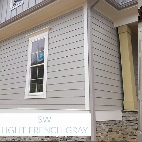 Light French Gray (SW) painted house exterior - @amyhuberdesigns. #lightfrenchgray #paintcolors #sherwinwilliams Painted House Exterior, Greige Exterior House Colors, Light French Gray, Light Blue Paint Colors, Grey Exterior House Colors, Exterior Gray Paint, Light Grey Paint Colors, Exterior House Siding, Gray House Exterior