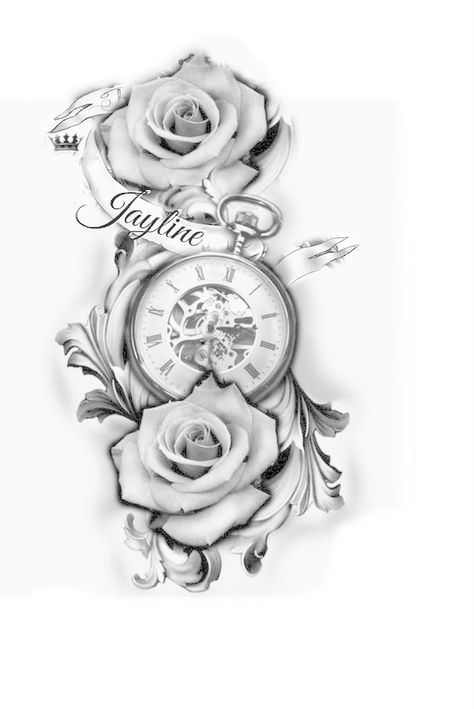 for a tattoo Rose Watch Tattoo Design, Clock Rose Tattoo, Clock And Rose Tattoo, Celtic Tattoo Symbols, Pocket Watch Tattoos, Rose Drawing Tattoo, Clock Tattoo Design, Geometric Tattoo Arm, Skeleton Hand Tattoo