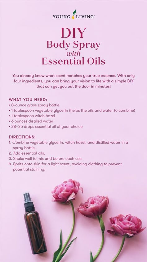 body spray with essential oils Homemade Body Spray, Body Spray Recipe, Diy Body Spray, Perfume Oil Recipes, Diy Perfume Recipes, Essential Oil Perfume Blends, Essential Oil Perfumes Recipes, Diy Essential Oil Recipes, Essential Oil Diffuser Blends Recipes