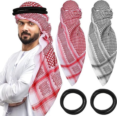 Funtery 4 Pcs Arab Head Scarf for Men with Lgal Aqel Rope Middle East Desert Shemagh Wrap Arab Costume (Pink, Black, White) at Amazon Men’s Clothing store Head Scarf For Men, Middle East Desert, Military Scarf, Arab Head Scarf, Muslim Head Scarf, Shemagh Scarf, Arab Scarf, Middle Eastern Men, Arabic Clothing