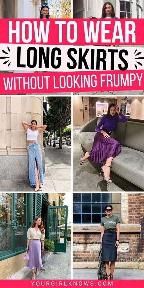 Long skirts can be a bit daunting, but they don't have to make you look frumpy. Here are some tips on how to wear them in a way that'll make you feel confident and comfortable. Plus, check out some outfit ideas to get you started! How To Style A Long Skirt Summer, Shirt With Long Skirt, Long Skirts With Tops, Long Skirt Outfits 2024, Trendy Long Skirts, Gen X Outfit Ideas, Long Skirt Outfit For Work, Long Skirt Travel Outfits, Flow Skirt Outfit