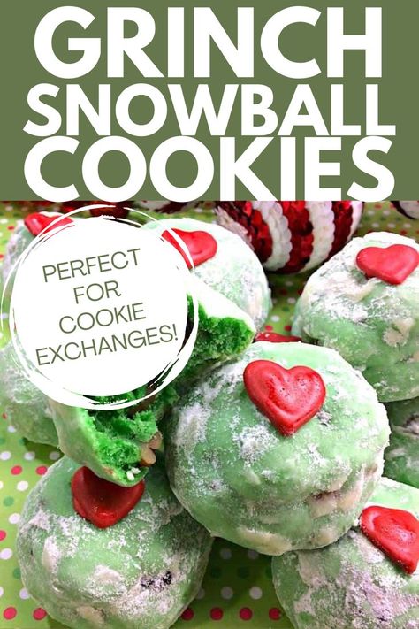 Snowball Christmas Cookies, Grinch Heart, Snowball Cookie Recipe, Grinch Cookies, Christmas Cookie Recipe, Candy Cane Cookies, Snowball Cookies, Christmas Cookie Exchange, Cranberry Cookies