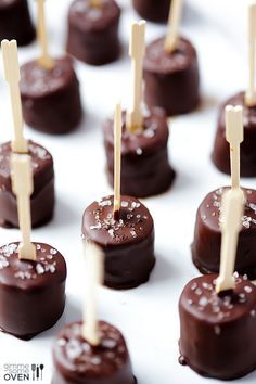 Salted Chocolate Frozen Banana Bites | gimmesomeoven.com Frozen Banana Bites, Banana Bites, Salted Chocolate, Snacks Für Party, Yummy Sweets, Chocolate Banana, Frozen Banana, Eat Dessert, Frozen Desserts