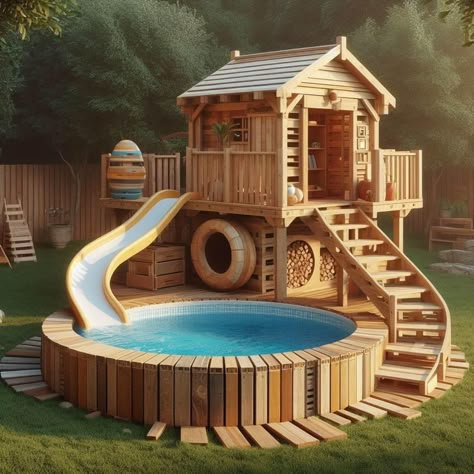 Outdoor Playhouse With Slide, Outdoor Play House, Playhouse With Slide, Deck Piscina, Outdoor Playhouse, Kids Backyard Playground, Dream Backyard Pool, Princeton New Jersey, Playhouse Outdoor